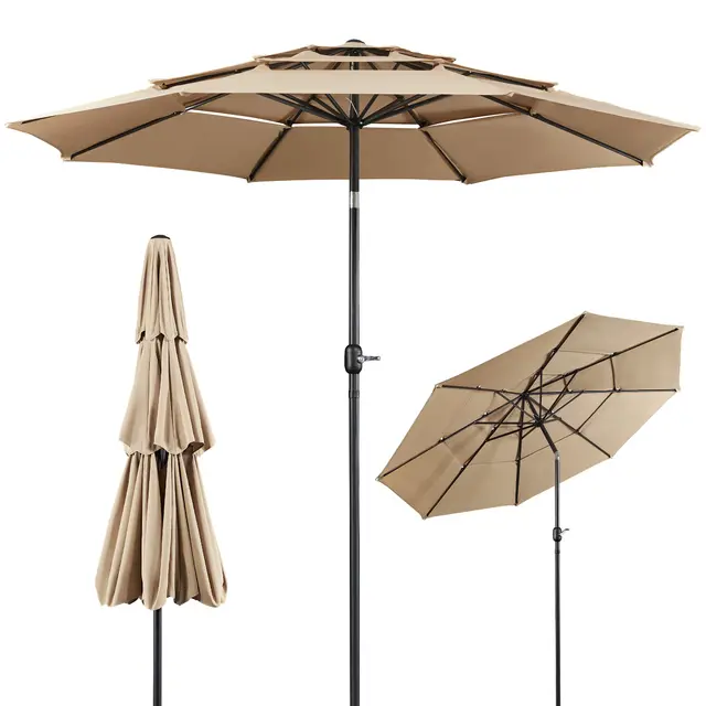 Yaheetech Sombrilla de 3 Niveles 3.24M para Exteriores con Tres Ventilación Sombrilla de Mercado Parasol Playa Inclinable con Manivela 8 Varillas Terraza para Exterior Patio Mercado Caqui