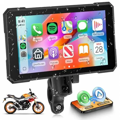Rimoody Inalámbrico Carplay Pantalla Motocicleta Android Auto, 5 Pulgadas Pantalla Táctil CarPlay Radio Portatile para Moto Wireless Car Play Display para Motorbike con Bluetooth/Navi/IP68 Impermeable
