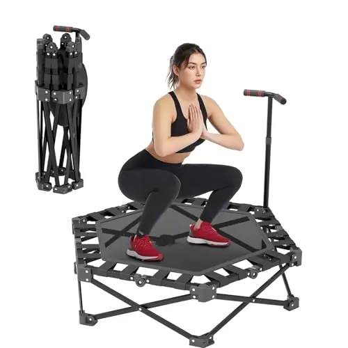 Trampolin de Fitness Plegable, Mini Cama Elastica para Interior 106 cm con Barra Ajustable en 3 Alturas, Estructura en X Extra Resistente Soporte Máximo 275 kg