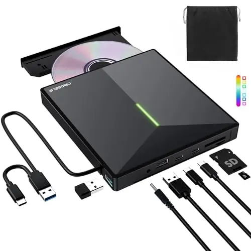 ORIGBELIE Grabadora CD DVD Externa con 4 Puertos USB y 2 Ranuras para Tarjetas TF/SD, USB 3.0 Portátil Lector CD Externo para Portatil, PC, Desktop, MacBook, Windows 11/10/8/7/Vista, Linux, Mac OS