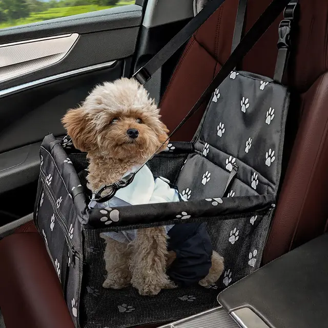 Asiento de Coche para Perros Pequeños, Asiento de Seguridad Plegable para Perro con Tubos de Soporte Engrosados,Cinturón de Seguridad, Elevador de Coche para Perros Suave y Lavable 40x32x24cm(Huella)