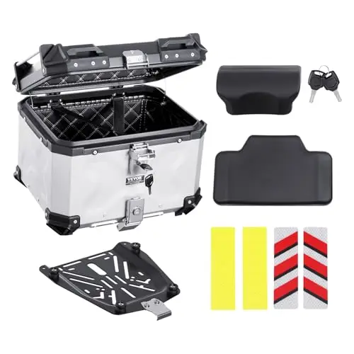 VEVOR Baúl para Motocicleta, Universal, Aleación de Aluminio, con Forro de Cuero, Impermeable, 45 L, con Cerradura y Cojín Trasero, para el 99% de los Cuadros de Motocicleta, 435 x 378 x 348 mm