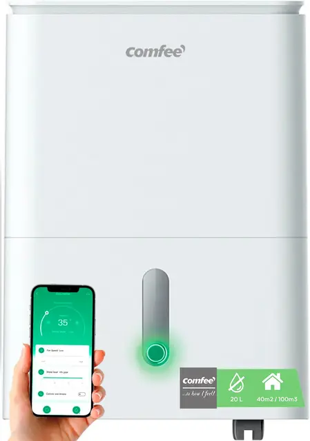 COMFEE' Deshumidificador de Humedad interior 20L / 2-EN-1 Purificador Eléctrico Silencioso con Ionizador, App/WIFI, 4 modos, Bajo Consumo con Depósito Extraible | Easy Dry 20 hasta 52 m² / 150 m³