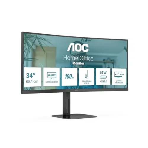 AOC CU34V5C - Monitor QHD curvo de 34 pulgadas, 100 Hz, VA, USB-C Docking, 65 W , USB Hub, ajustable en altura, altavoces (3440 x 1440, 100 Hz, 300 cd/m² , HDMI 2.0/ DP 1.2 / USB-C 3.2 DP)