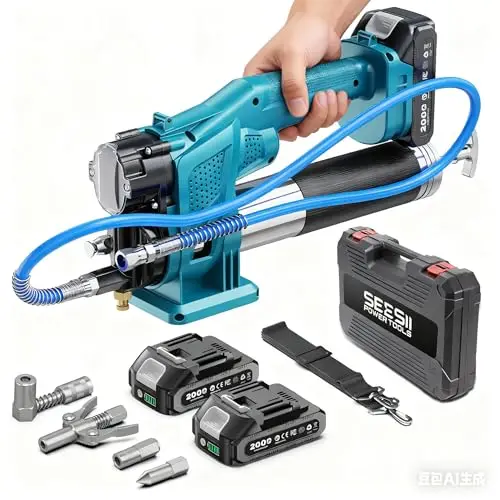 Seesii Engrasadora Batería Kit: 10 000 PSI y 4,6 oz/min, Pistola de Engrasar Eléctrica con 2 Baterías, Manguera de 39,4", Acoplador de 90° y 3 Puntas para un Engrase más Rápido y sin Esfuerzo
