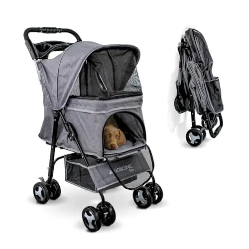 Mobiclinic® pets, Carrito para perros plegable, Ideal pequeños y senior, Zuma, Hasta 15 kg, Ruedas con frenos 360º, Cesta xxl, 3 ventanas cremallera mosquitera, Portavasos, Gris