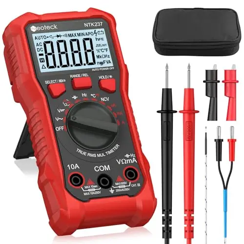 Neoteck Multimetro Digital 2000 Conteos Polimetro Digital con NCV, LCD para Medición de Voltaje y Corriente de CA/CC, Resistencia, Capacitancia, Frecuencia, Temperatura, Continuidad,etc. -Rojo