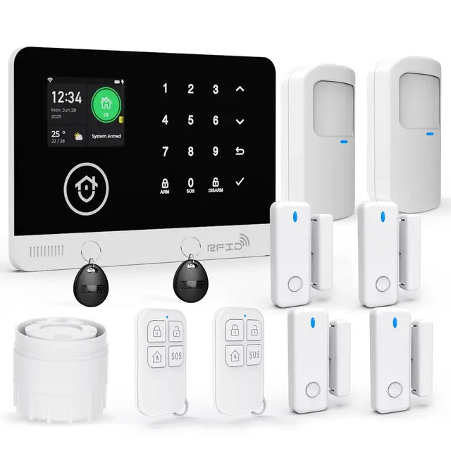 Sistema de Seguridad para el Hogar, Sistema de Alarma Inalámbrico WiFi/gsm SMS con Detector de Movimiento, Sirena de Alarma de 120dB, Mando a Distancia Inteligente, Compatible con Alexa(12 Piezas)