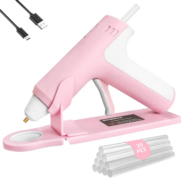 Pistola de Pegamento Caliente Inalámbrica con 20 Barras de Silicona, Calentamiento Rápido de 25S, Batería Recargable 2000mAh Type-C, Apagado inteligente, para Arte, Artesanía, DIY, Rosa