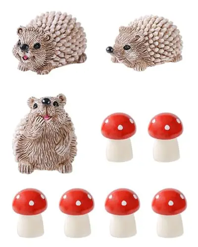 Set de 9 Piezas de Adornos de Jardín de Hadas con 3 Erizos y 6 Setas de Resina para Decoración de Macetas Terrario Bonsái decoracion jardin exterior figuras de hadas