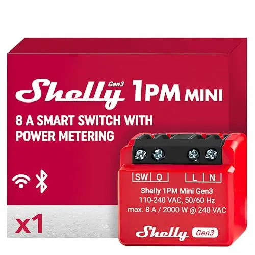 Shelly 1PM Mini Gen 3 – Relé Interruptor Inteligente WiFi y Bluetooth, 1 Canal 8A con Medición De Consumo, Automatizacion Del Hogar, Compatible con Alexa y Google Home, No Hub Requerido