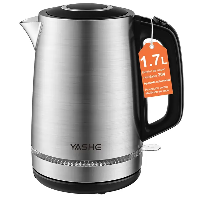 YASHE Hervidor de Agua Eléctrico de Acero Inoxidable 1,7L, 2200W Hervido Rápida, Hervidor Inalámbrico con Filtro Antical, Apagado Automático y Protección contra Hervido en Seco, Plata