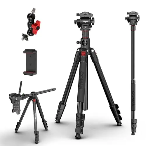 COMAN Trípode para Cámara Horizontal 181cm con Cabezal Hidráulico, Placa de Liberación Rápida y Monópode Desmontable, Adecuado para Cámaras SLR, Videocámaras Portátiles y Visores (KX3939MINI-V1)