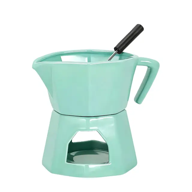 Fondue de Chocolate, Fondue Chocolate y Mantequilla de Cerámica, Set de 300ml con 1 Tenedores para Queso (Verde)