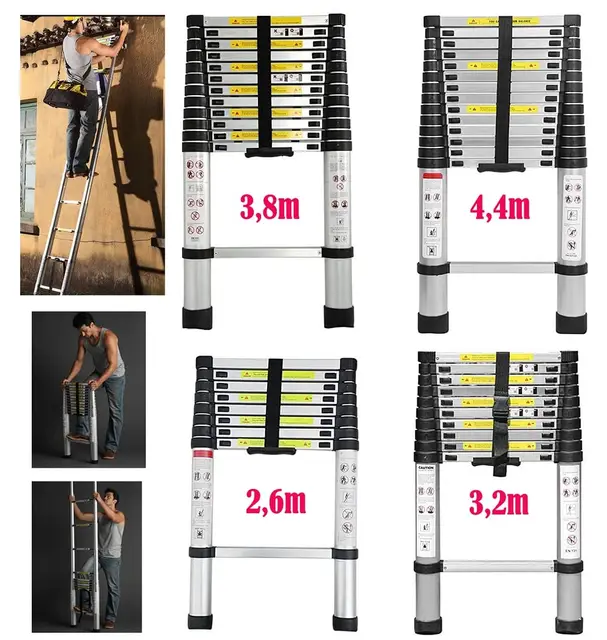Escalera telescópica, Metal, 3,2 m, 150 kg, Plegable, Antideslizante, escaleras