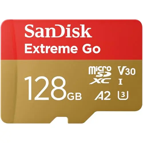 SanDisk 128GB Extreme Go Tarjeta Micro SD + adaptador SD (Para smartphones y tabletas Android, Action Cams, Drones, UHS-I, hasta 200 MB/s, 5k, 4K UHD, V30, Rescue PRO Deluxe, Class 10, U3) para Amazon