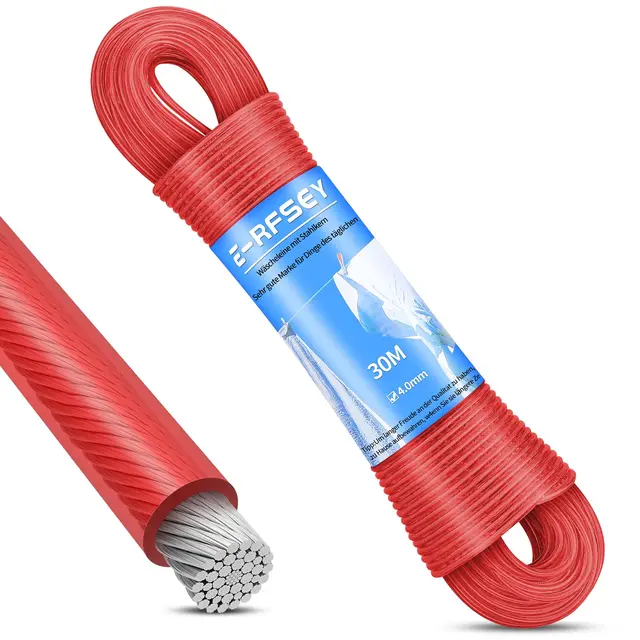 E-RFSEY Tendedero de acero para exteriores, 30 m, resistente, capacidad de carga de 220 kg, inoxidable, impermeable, para jardín (diámetro 4 mm, rojo)