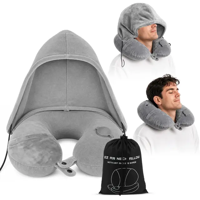 Almohada de Viaje para Cuello, Almohada Viaje Hinchable, Comfy Cojín Cuello Viaje con Capucha Extraíble, Funda de Terciopelo Lavable, Cojin Cervical para Avión Coche Tren Oficina (U-Shape)
