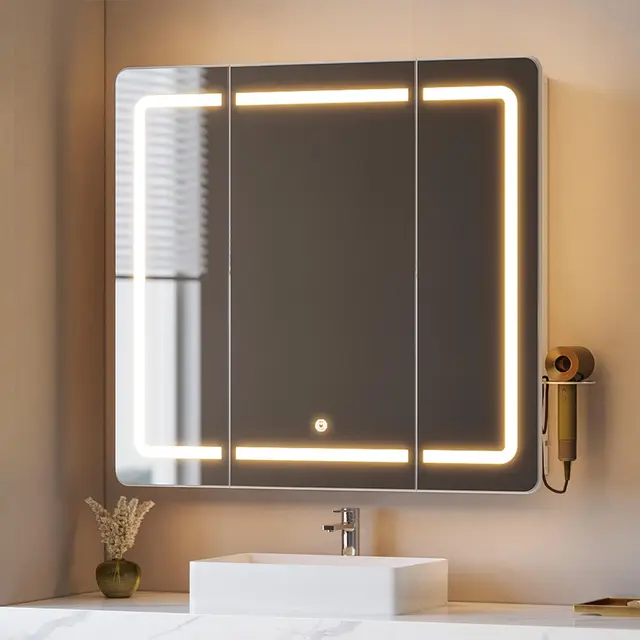 Hzuaneri Armario Espejo Baño, con Espejo Grande y Luz LED, Espejoes Plegable de 3 Puertas, 3 Color, Estantes Ajustables, Soportes y Ganchos para Secador de Pelo, 16,5 x 80 x 75 cm, Blanco MC30003XEU