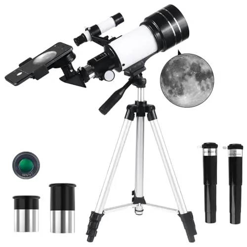Telescopio para Adultos, 70mm Apertura 300mm Telescopios para Principiantes Astronomía con Lentes, Visor, Trípode, Soporte Móvil, Portátil Refractor Telescopio para Niños & Adultos (Blanco)