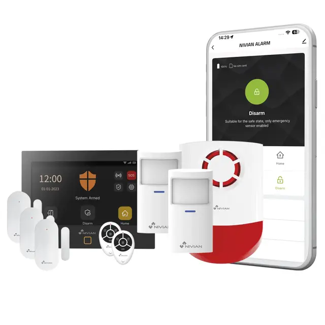 NIVIAN - Sistema de Alarma WiFi + gsm para Casa o Negocio | Control Desde App + SIM (SMS y Llamadas) | Kit Completo con Sirena, Sensores y Mando a Distancia | Anti sabotaje, Multiusuario