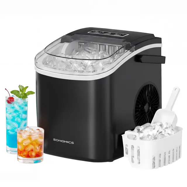 SONGMICS Máquina de Hielo, Máquina de Cubitos Autolimpiante, 9 Cubitos en 6 Minutos en 2 Tamaños, 12 kg en 24 Horas, Portátil, Casa, Cocina, Oficina, Fiestas Camping, Negro Tinta XZB001B1EU