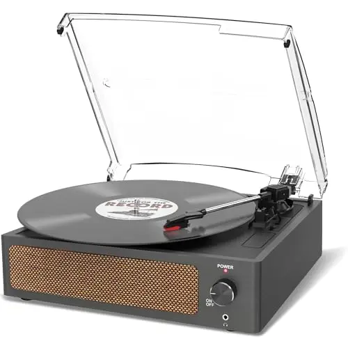 Tocadiscos de Vinilo con Altavoz, Tocadiscos Vintage accionado por Correa, Compatible con 3 velocidades, reproducción inalámbrica, Auriculares, Entrada Auxiliar, Salida RCA Retro Negro