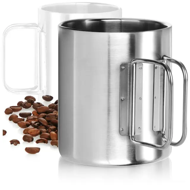 com-four® taza café acero inoxidable 350 ml, vaso térmico acero inoxidable 304 con asa plegable, doble pared aislante, libre de BPA (color plata - 350 ml - 1 unidad)