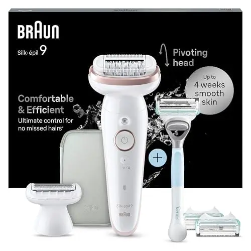 Braun Depiladora Eléctrica Mujer Silk·épil 9 + Maquinilla Venus Para Zona Íntima, Depiladora Corporal Con Peine Recortador, Funda, Depilación Suave Duradera, Uso En Seco Y Mojado,9-130 Blanco/Flamenco