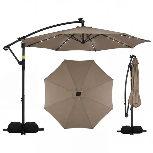 COSTWAY Sombrilla Terraza Exterior con Base, Parasol Excentrico con 32 Luces LED, Rotación de 360°, Manivela, Sacos de Arena, Sombrilla Jardín Grande para Patio Terraza (300 x 300 cm(con Luz),Café)