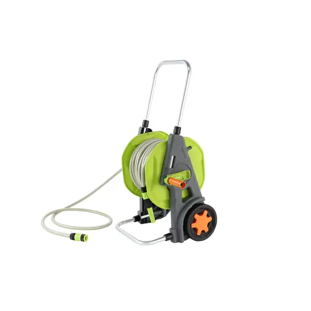Amazon Basics Portamangueras enrrollable de plástico, con manguera de 30 m, Verde/Gris