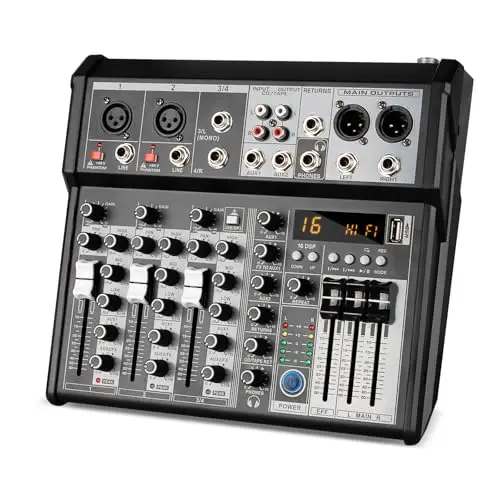 Mezclador de Audio Profesional, 4 Canales, Consola de Mezclas con Interfaz de Sonido, Procesador DSP de 16 Bits, Bluetooth, Phantom +48V para Karaoke, Estudio y Grabación