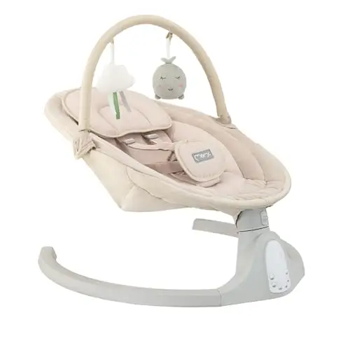 Mecedora MoMi KENANI SAND para niños de hasta 9 kg, con pantalla LED, mando a distancia, Bluetooth, arnés de 5 puntos, barra y juguetes, alimentada por pilas y/o electricidad
