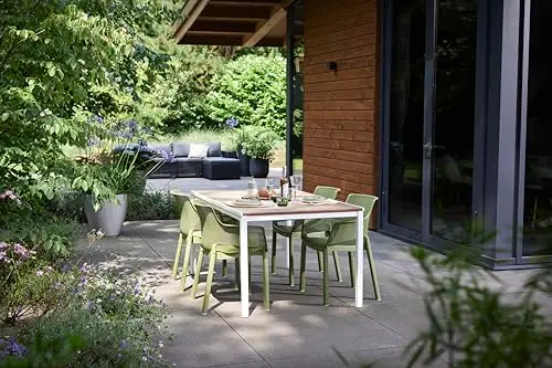 Keter Avon - Mesa Comedor Rectangular Exterior, jardín, terraza, 159 x 95 x 75 cm, Capacidad 6 Personas, Resina, Tablero Acabado imitación Madera, Marco Blanco