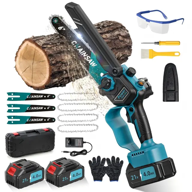 Mini Motosierra Bateria 8000mAh, Motosierra Eléctrica 6 Pulgadas 1000W Sin Escobillas con Depósito Para El Aceite y 2 Baterías, Sierra Electrica, Motosierras de Mano para Podar Arboles de Jardinería
