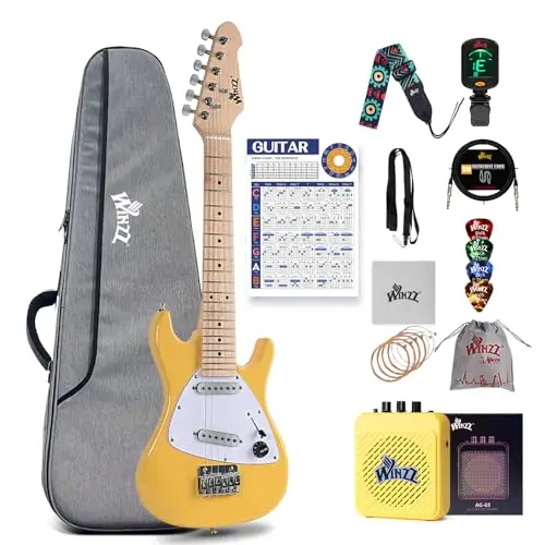 Winzz - Guitarra eléctrica para niños de 30 pulgadas, kit para principiantes, guitarra eléctrica mini de tamaño 1/4 para niños, juego completo de iniciación con amplificador, color amarillo brillante