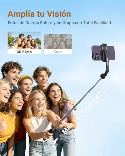 GRIFEMA Palo Selfie & Trípode, Trípode Extensible de 107cm con Mando a Distancia Desmontable, Soporte Giratorio 360° para iPhone 17/16/15/14 Pro MAX y Android, Selfie Stick Portátil para Vlogging