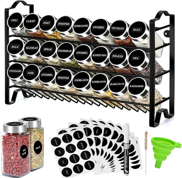 edihome, Especieros para Cocina, 24 botes para especias, Organizador con Estructura Metálica de 3 Niveles, con Etiquetas, con Tapas y Dosificadores individuales (Modelo 2)