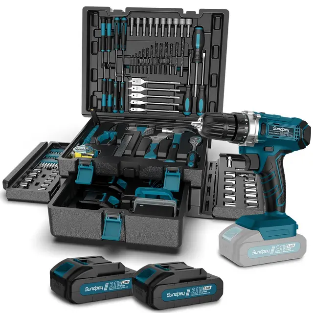 Sundpey Caja de Herramientas 255 Piezas con Taladro Percutor a Bateria 21V, Taladro Atornillador Batería Juego Herramientas con Cajón Portátil Completo para Reparaciones Domésticas y Automotrices
