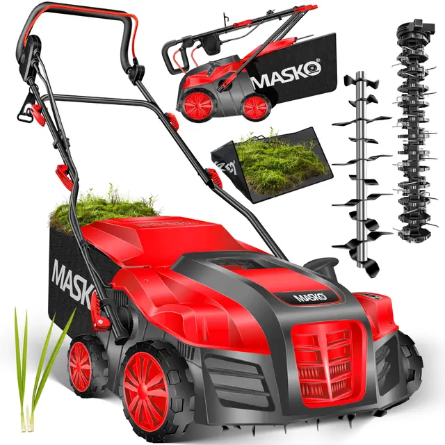 MASKO® Escarificador eléctrico 2 en 1, aireador de césped 1800W, 40 cm de ancho de trabajo, cesta de recogida de 55 l, eliminador de musgo, profundidad de trabajo ajustable en 5 etapas, rojo