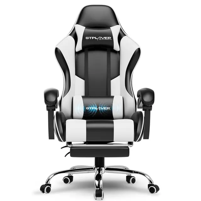 GTPLAYER Silla de Oficina para Gaming, Masaje, sillón, Silla ergonómica para Gamer, con reposapiés, reposacabezas, cojín Lumbar, Acolchado, Silla giratoria, Color Blanco