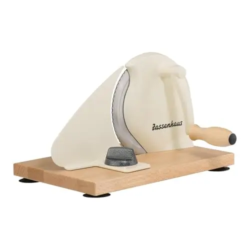 Zassenhaus Máquina de cortar pan manual Classic, beige, hoja de acero Solinger | grosor de corte: 1-18 mm | tabla y manivela de madera de haya | 30 × 25,5 × 19 cm