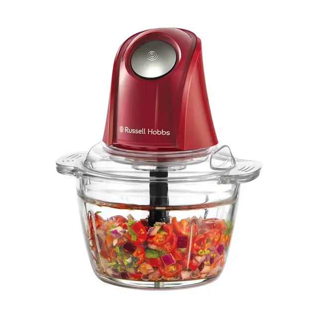 Russell Hobbs Picadora Eléctrica Mini Desire Red (Cuenco de vidrio de 500 ml, Cuchillas Inox de 2 puntas, 350 W Max, Botón One-Touch, Para frutas, verduras y carne) 27132-56