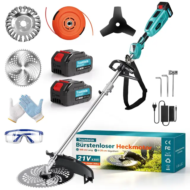 Desbrozadora con batería con 2 baterías de 4,0 Ah, batería eléctrica 4 en 1, desbrozadora y cortacésped, Motor sin escobillas de 950W de batería para Cortar césped y jardín