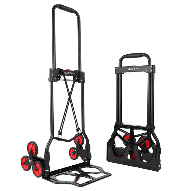 YEAUPE PRO Carretilla Plegable, Carretilla de Mano – Ruedas Grandes TPR Reforzadas, Mango Telescópico Ajustable, Incluye 2 Cuerdas Elásticas, Ideal para Subir y Bajar, 45kg - Sube escaleras – Negro