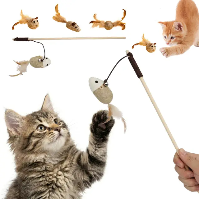 Set de 4 Piezas Resistentes para el Ingenio y Entretenimiento de Mascotas | Juguetes Interactivos para Gatos y Gatitos | Kit de Estimulación con Caña o Varita de Madera Natural y Plumas