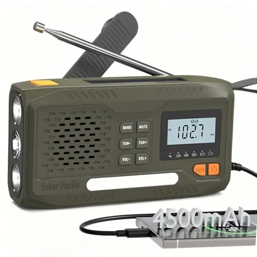 Radio Solar de Emergencia,Radio a Pilas Portatil Batería de 4500 MAh,Am/FM Radio Emergencia con Manivela,Pantalla, Kit de Emergencia Que Incluye Linterna,SOS Alarma y Cargador de Móviles USB