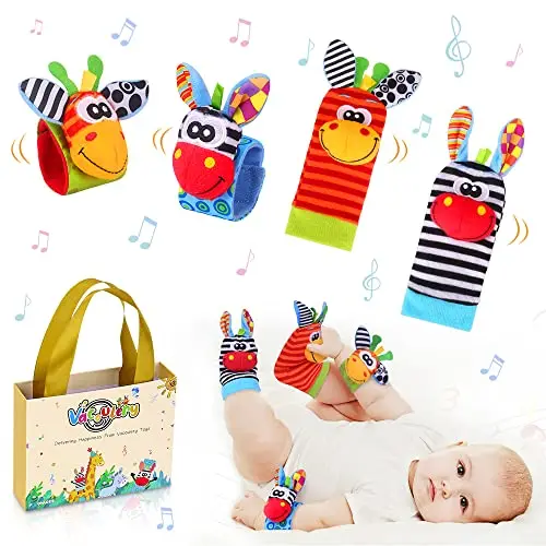 Sonajero Calcetines y Muñequeras para Bebé, Sonajero Toys con Buscador de Muñeca y Pie Juguetes de Animales Suaves y Bonitos para Recién Nacidos Niños Bebés (2 Pulseras y 2 Calcetines)