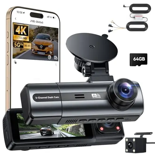 3 Canales Dash CAM Coche, 4K+1080P Camara Coche con WiFi & App Controlcon, Tarjeta 64G, Super Visión Nocturna, Gran 170°, WDR, Grabación de Bucle, G-Sensores, Monitor de Aparcamiento (Negro)