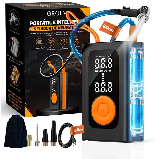 Inflador Ruedas Coche – Compresor Aire Portátil 150 PSI Recargable USB-C, Pantalla LCD Digital, Parada Automática, Luz LED SOS de Emergencia – Kit con Accesorios para Coche, Moto y Bicicleta